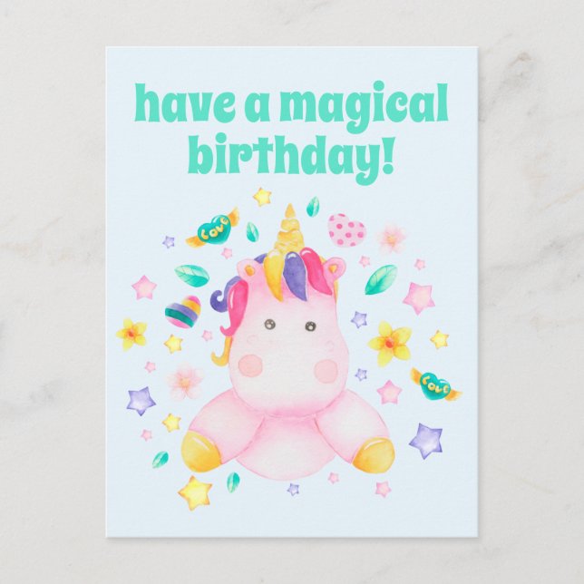 Postal Cumpleaños mágico, niños curados unicornio (Anverso)