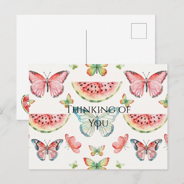 Postal Cumpleaños Mariposas Azules Sandía Roja Verde (Anverso / Reverso)