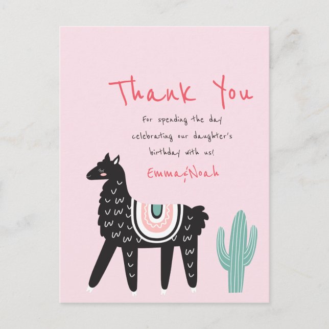 Postal Cumpleaños moderno adorable Llama de agradecimient (Anverso)