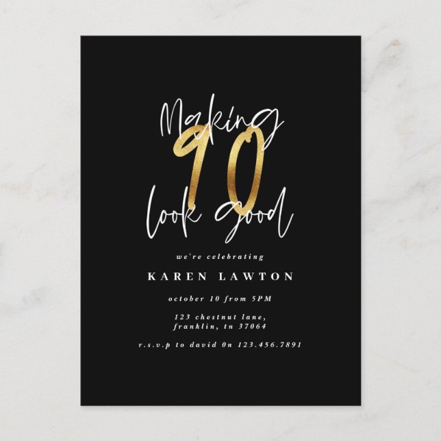 Postal cumpleaños moderno de oro y negro haciendo que 90  (Anverso)