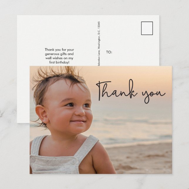 Postal Cumpleaños moderno del bebé niño número 1 gracias (Anverso / Reverso)