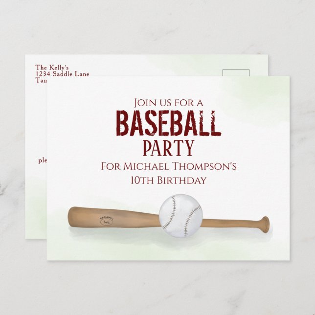 Postal Cumpleaños moderno simple acuarela bate de béisbol (Anverso / Reverso)