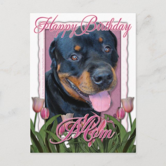 Postal Cumpleaños MOM - Tulipanes rosados - Rottweiler -  (Anverso)
