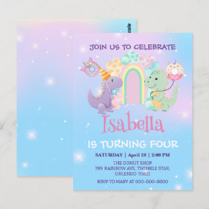 Postal Cumpleaños niño dinosaurio unicornio globo arcoíri