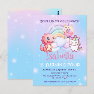 Postal Cumpleaños niño Dinosaurio Unicornio Globo Arcoíri