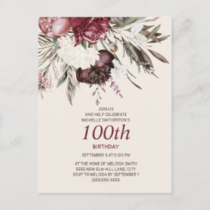 Postal Cumpleaños número 100 Borgoña Floral Crema Marfil