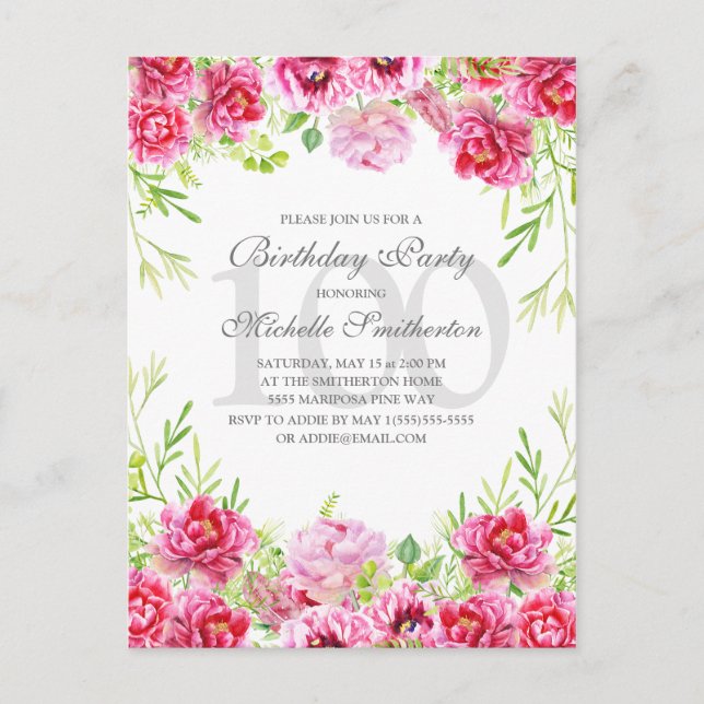 Postal Cumpleaños número 100 de mujer con flores rosadas  (Anverso)
