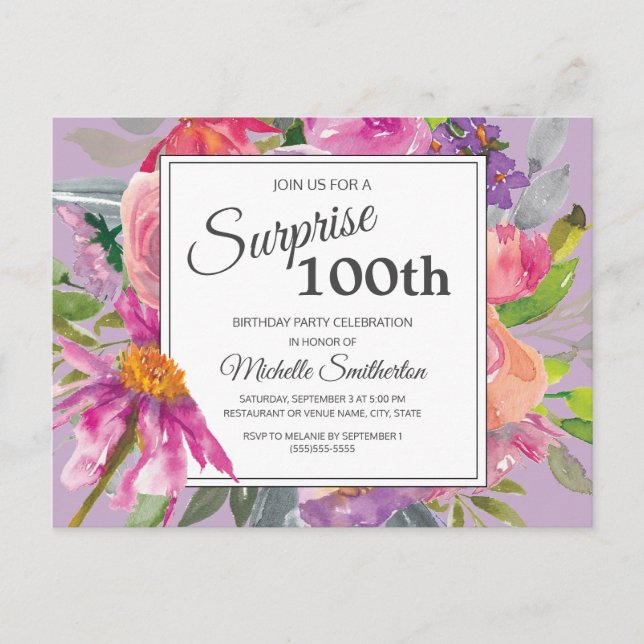 Postal Cumpleaños número 100 de temática floral acuarela  (Anverso)