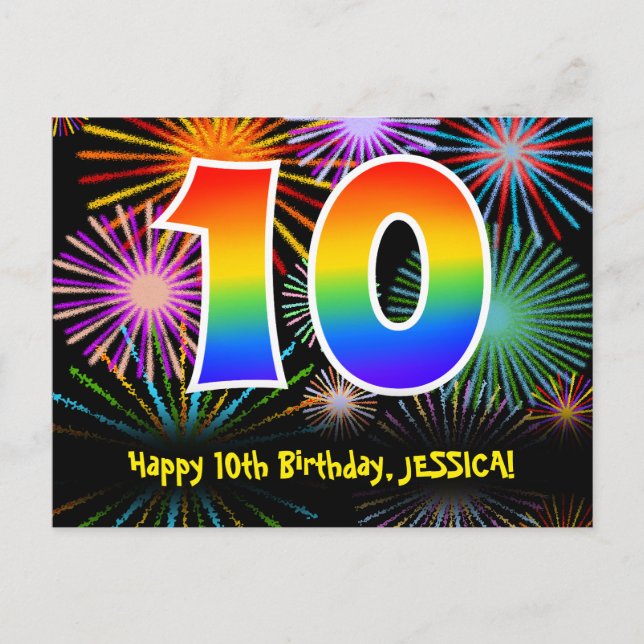 Postal Cumpleaños número 10 - Patrón divertido de fuegos  (Anverso)
