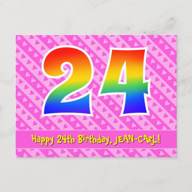 Postal Cumpleaños número 24: Rayas rosadas y corazones, A (Anverso)