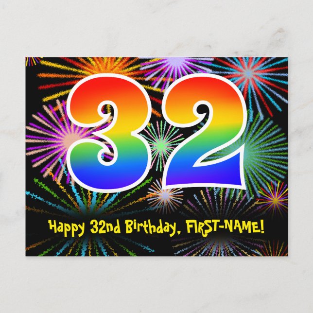 Postal Cumpleaños número 32 - Patrón divertido de fuegos  (Anverso)