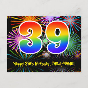 Postal Cumpleaños número 39 - Patrón divertido de fuegos 
