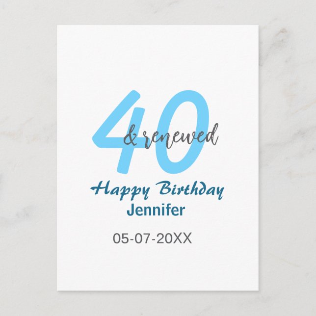 Postal cumpleaños número 40 renovado nombre fecha azul ne (Anverso)