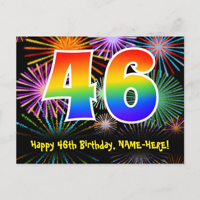 Postal Cumpleaños número 46 - Patrón divertido de fuegos  (Anverso)