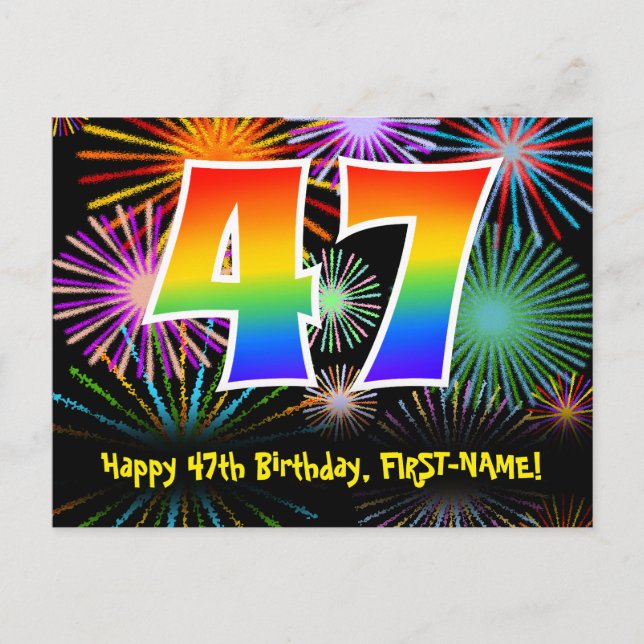 Postal Cumpleaños número 47 - Divertido patrón de fuegos  (Anverso)
