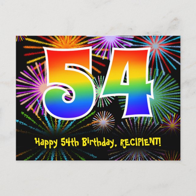 Postal Cumpleaños número 54 - Patrón divertido de fuegos  (Anverso)
