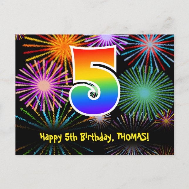 Postal Cumpleaños número 5 - Divertido patrón de fuegos a (Anverso)