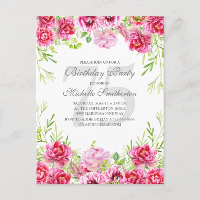 Postal Cumpleaños número 75 de mujer con flores rosadas b (Anverso)