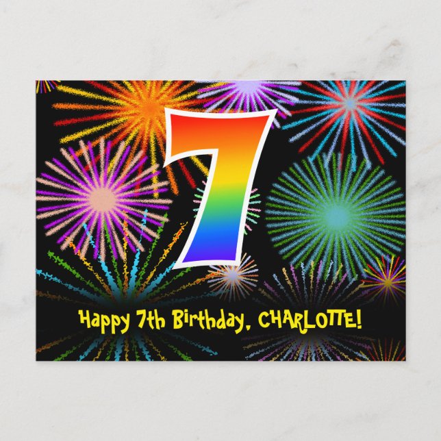 Postal Cumpleaños número 7 - Divertido patrón de fuegos a (Anverso)
