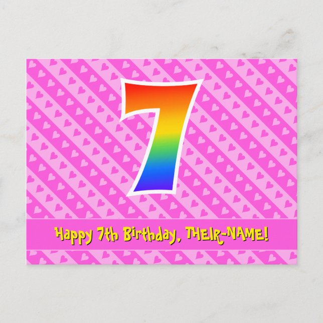 Postal Cumpleaños número 7: Rayas rosadas y corazones, Ar (Anverso)