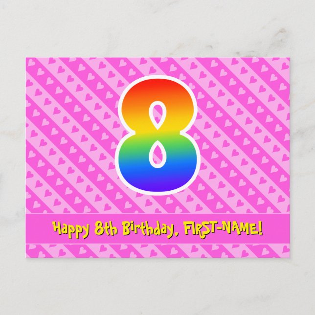 Postal Cumpleaños número 8: Rayas rosadas y corazones, Ar (Anverso)