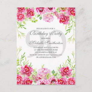 Postal Cumpleaños número 90 de mujer con flores rosadas b