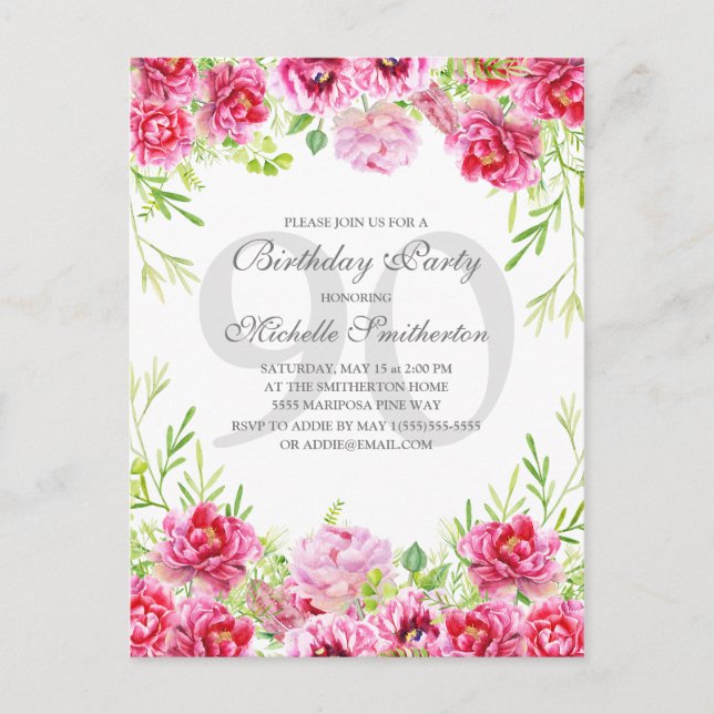 Postal Cumpleaños número 90 de mujer con flores rosadas b (Anverso)