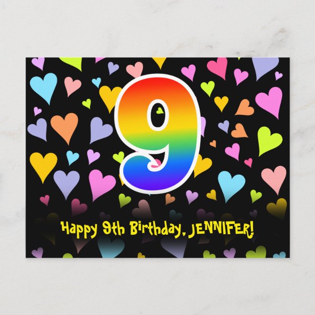 Postal Cumpleaños número 9: Patrón de Corazones Divertido (Anverso)