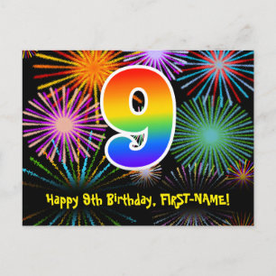 Postal Cumpleaños número 9 - Patrón divertido de fuegos a