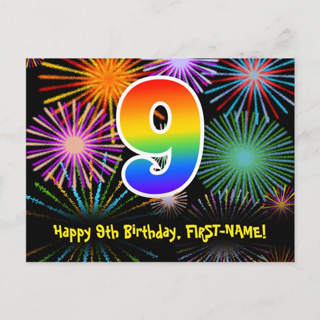 Postal Cumpleaños número 9 - Patrón divertido de fuegos a (Anverso)