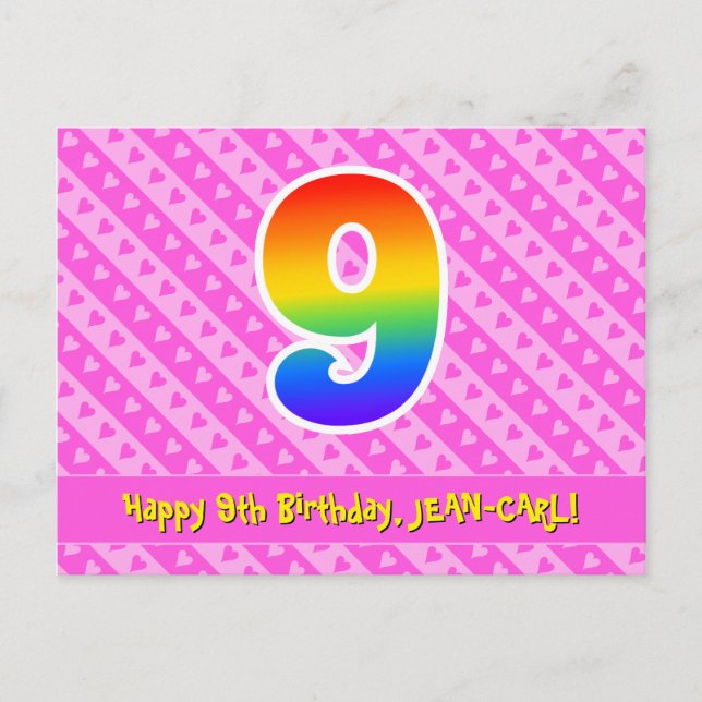 Postal Cumpleaños número 9: Rayas rosadas y corazones, Ar (Anverso)