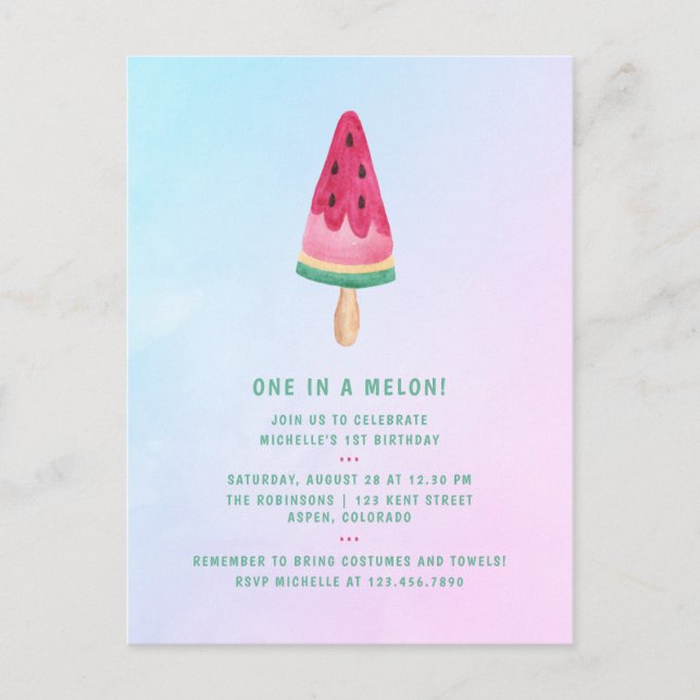 Postal Cumpleaños número uno con helado de sandía (Anverso)