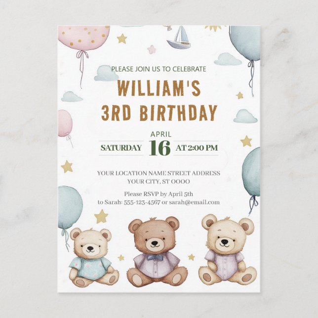 Postal Cumpleaños Oso de Peluche Personalizado Adorable (Anverso)