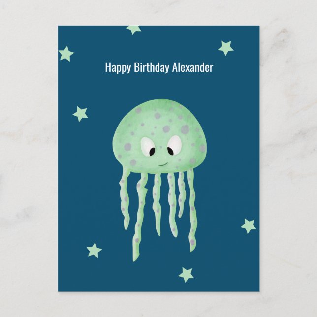 Postal Cumpleaños Personalizado Azul Medusa Bajo el Mar (Anverso)