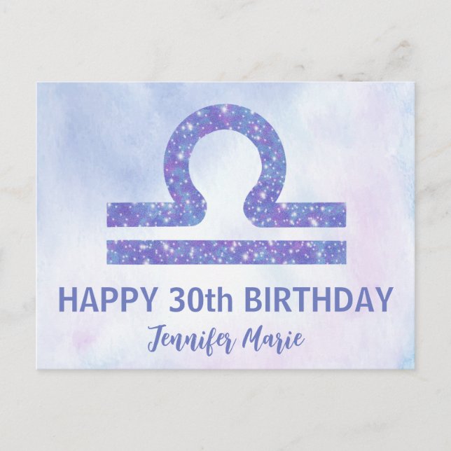 Postal Cumpleaños personalizado bonito signo Libra morado (Anverso)