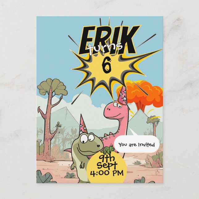 Postal Cumpleaños personalizado de Dino 6to para invitaci (Anverso)
