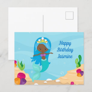 Postal Cumpleaños personalizado de niña sirena afroameric