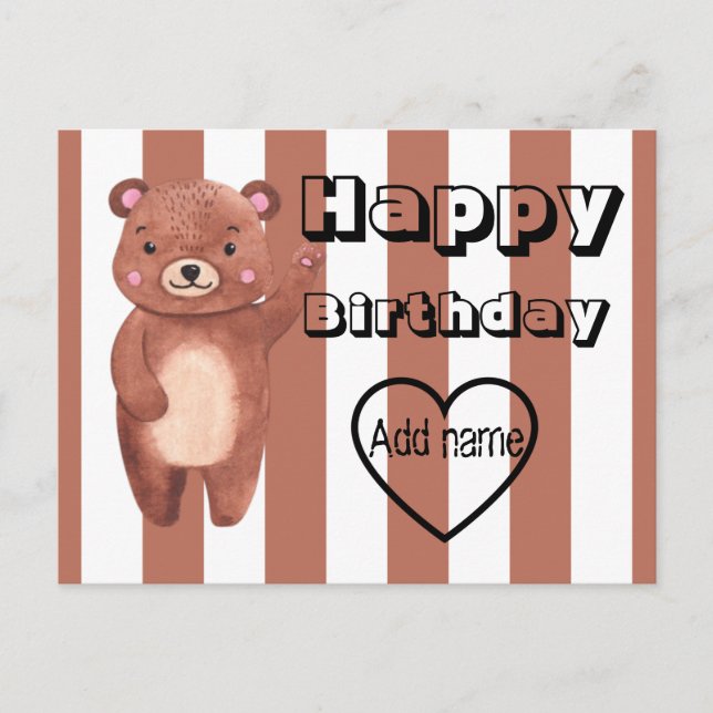 Postal Cumpleaños personalizado de rayas de oso lindo (Anverso)