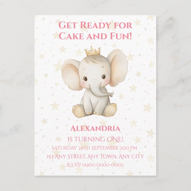 Postal Cumpleaños personalizado del elefante princesa 1er (Anverso)