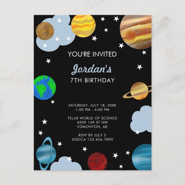 Postal Cumpleaños Planetas Espacio Exterior Galaxia Niños (Anverso)