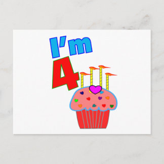 Postal Cumpleaños preescolar "Soy 4" Pastel Adorable