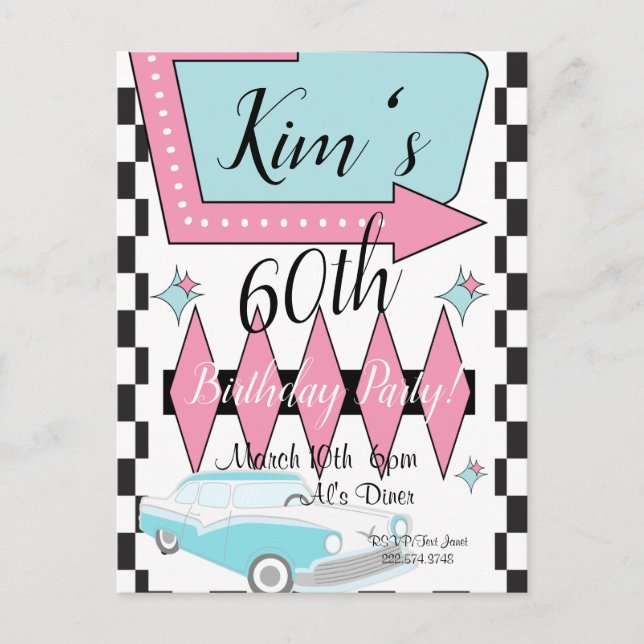 Postal Cumpleaños Retro de los años 50, cualquier edad, (Anverso)