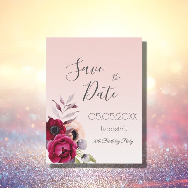 Postal Cumpleaños rosa oro rubor floral Save the Date (Subido por el creador)