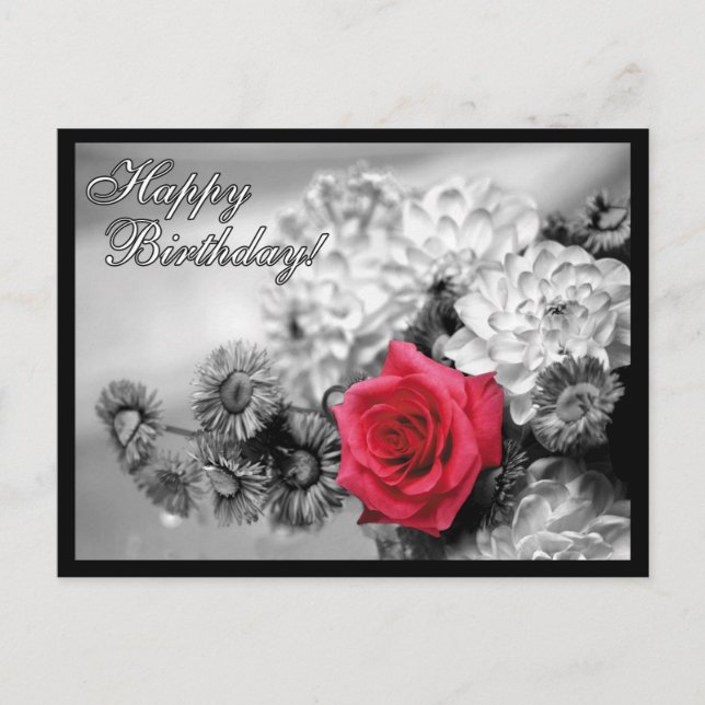 Postal Cumpleaños! Rosa roja con negro y blanco (Anverso)