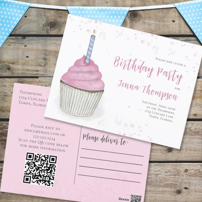 Postal Cumpleaños Rosa Whimsical Cupcake Cupcake QR Códig (Subido por el creador)