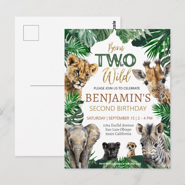 Postal Cumpleaños Salvaje Safari de Niños Dos (Anverso / Reverso)