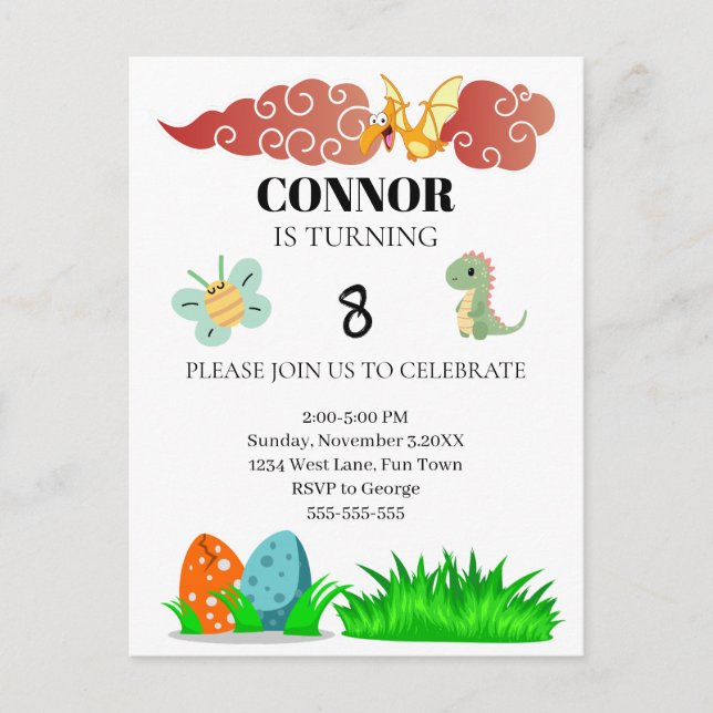 Postal Cumpleaños tema Dinosour para niños (Anverso)