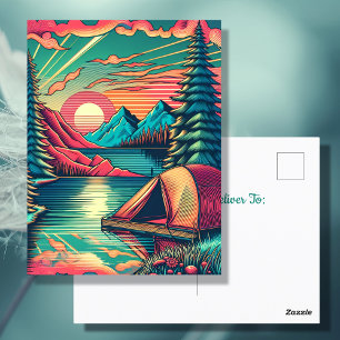 Postal Cumpleaños Temático de Camping Rosa Antiguo y Turq