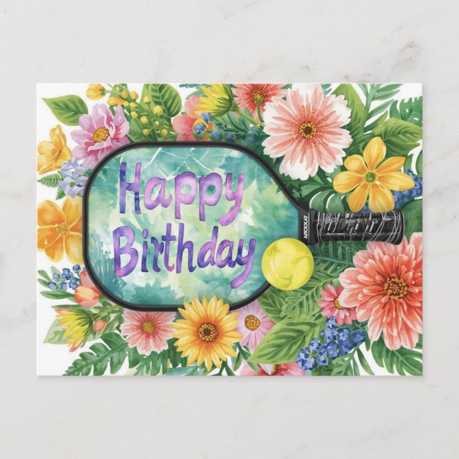 Postal Cumpleaños temático de Pickleball con flores (Anverso)