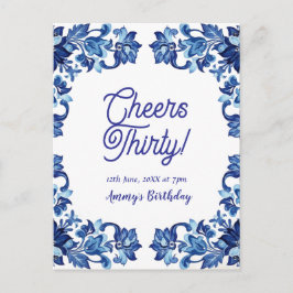 Postal Cumpleaños treinta Cheers borde floral azul real n